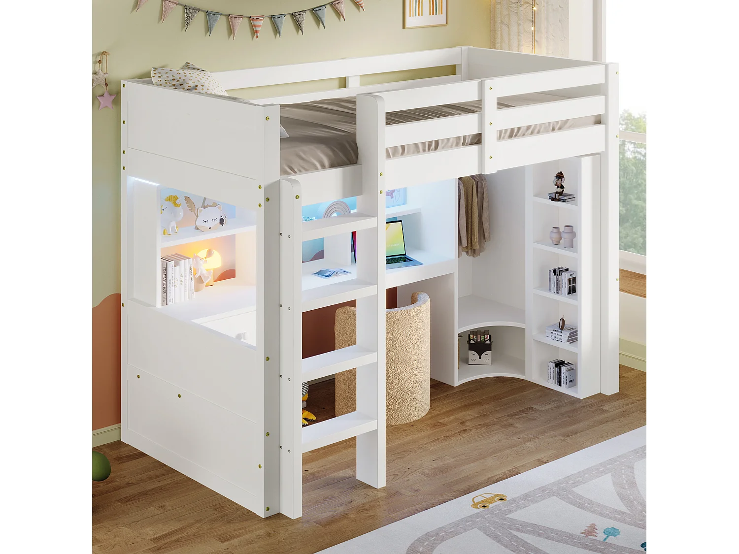 Hochbett 90x200cm - mit LED-Beleuchtung - mit Schrank + Schreibtisch - mit 3 Schubladen - mit Staufächern - weiß