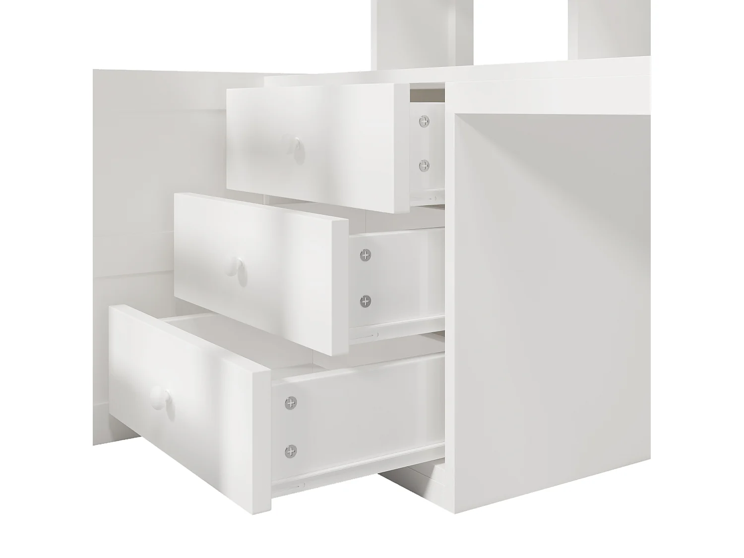 Hochbett 90x200cm - mit LED-Beleuchtung - mit Schrank + Schreibtisch - mit 3 Schubladen - mit Staufächern - weiß