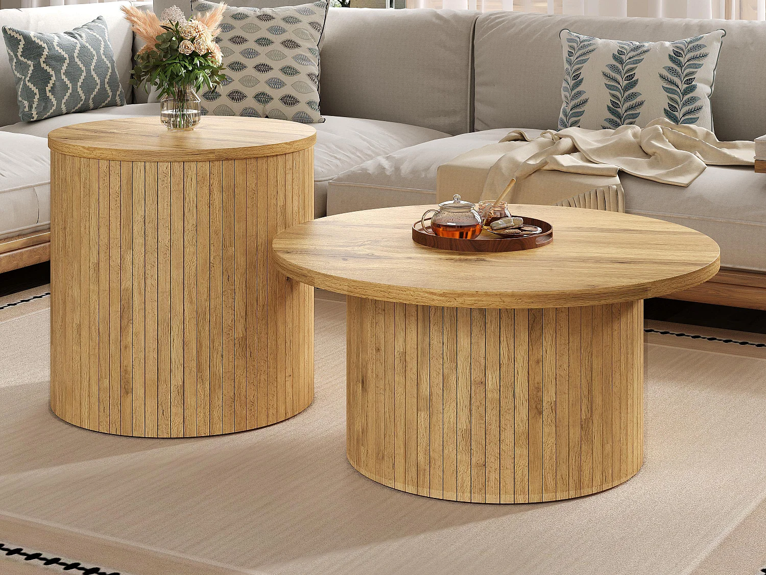 Salontafel set - Ronde plaat - Verticale strepen motief - MDF - Natuur