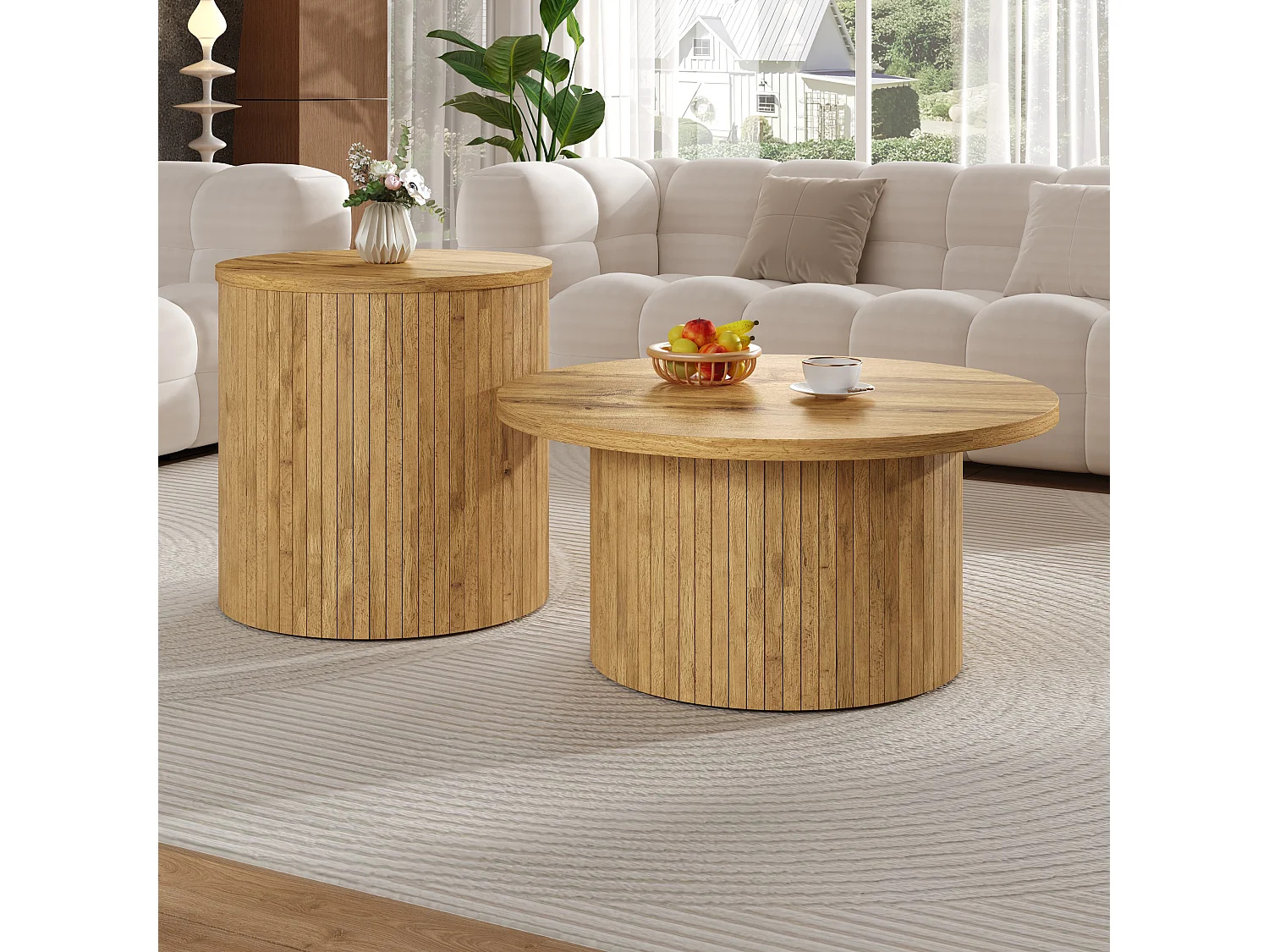 Ensemble table basse - Plateau rond - Motif à rayures verticales - MDF - Naturel