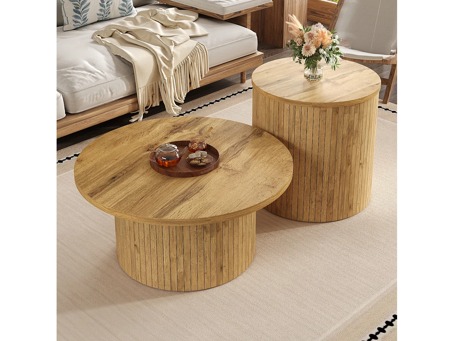 Ensemble table basse - Plateau rond - Motif à rayures verticales - MDF - Naturel