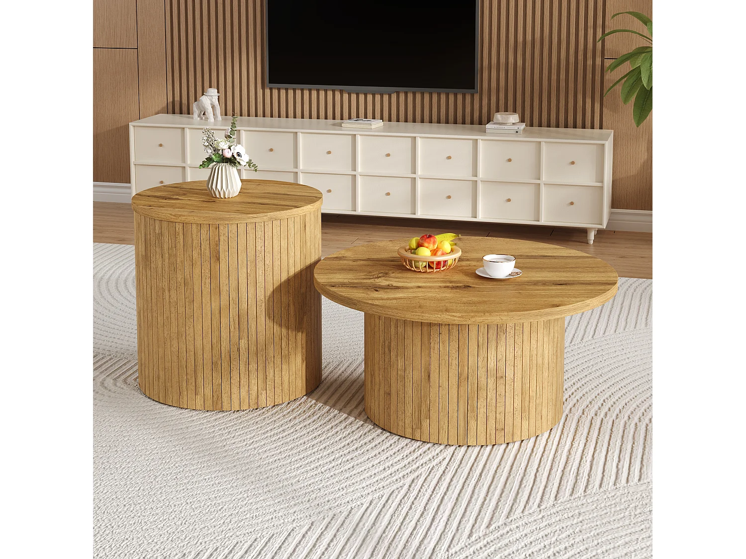 Ensemble table basse - Plateau rond - Motif à rayures verticales - MDF - Naturel