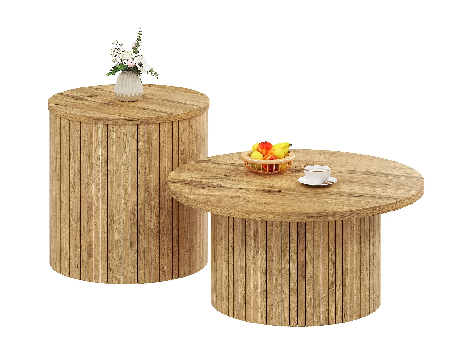 Ensemble table basse - Plateau rond - Motif à rayures verticales - MDF - Naturel