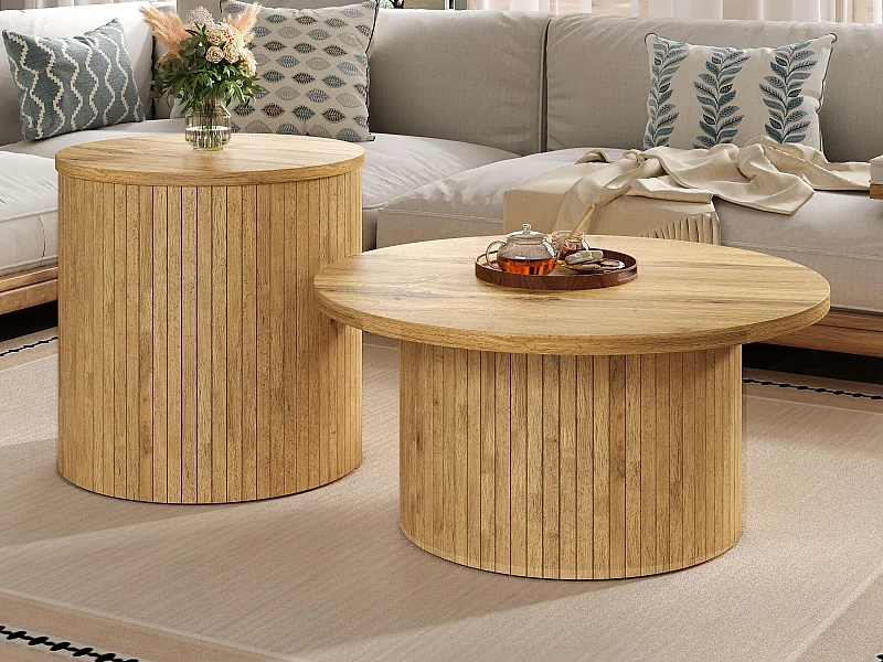 Salontafel set - Ronde plaat - Verticale strepen motief - MDF - Natuur