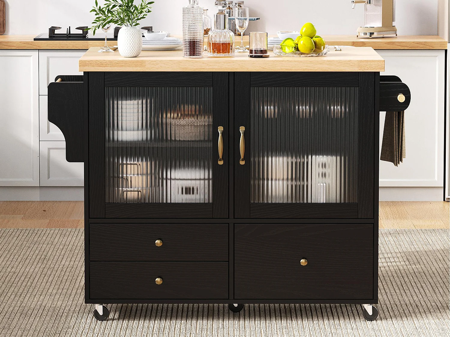 Mobiel keukeneiland 100x42x91.5cm - uitschuifbaar aanrechtblad - multifunctionele opbergruimte - Zwart