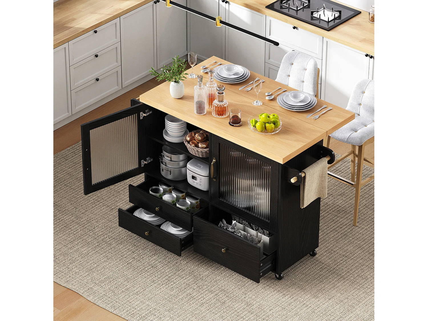 Mobiel keukeneiland 100x42x91.5cm - uitschuifbaar aanrechtblad - multifunctionele opbergruimte - Zwart