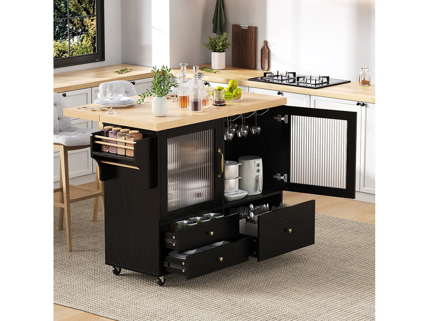 Mobiel keukeneiland 100x42x91.5cm - uitschuifbaar aanrechtblad - multifunctionele opbergruimte - Zwart