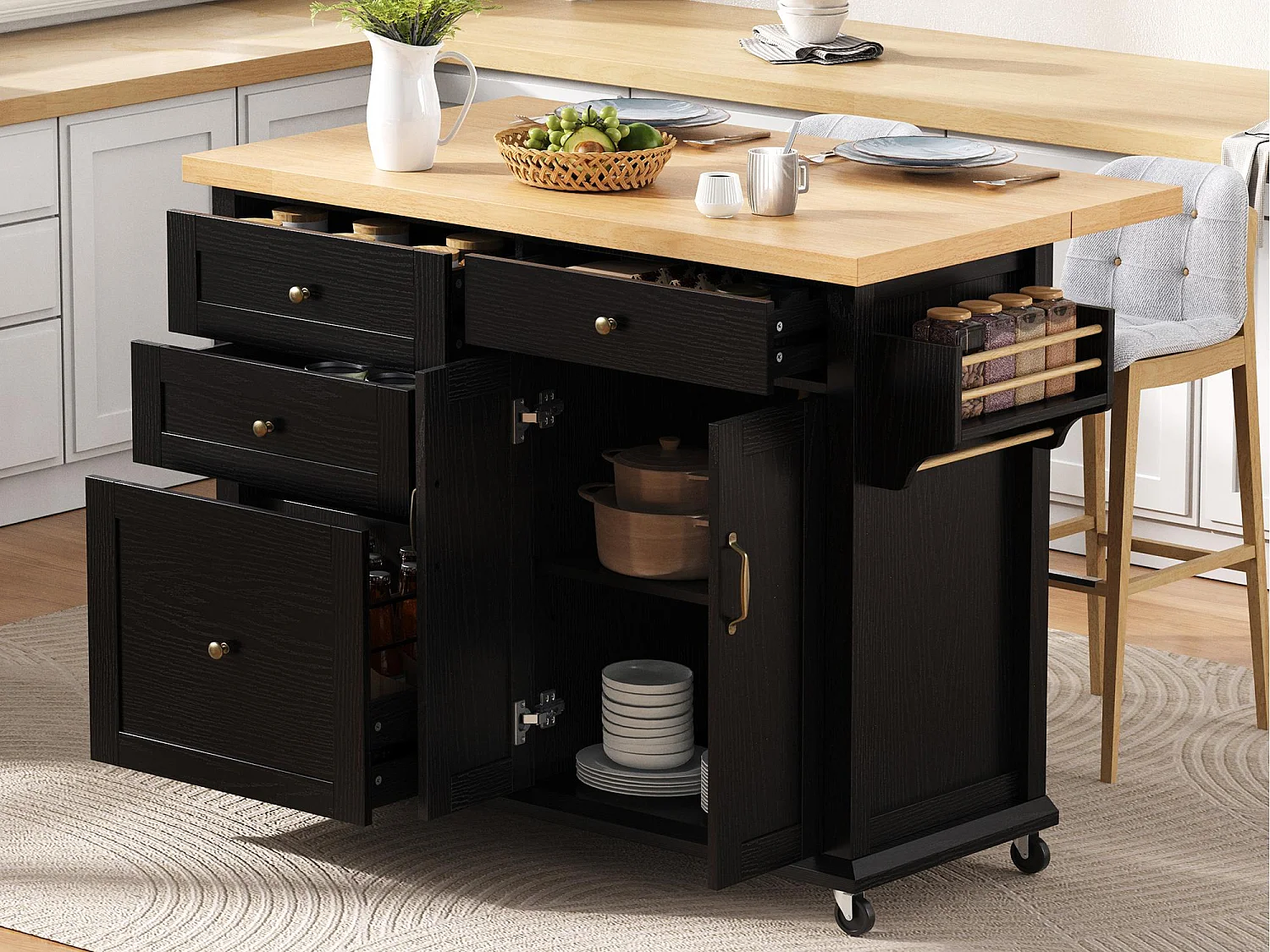 Mobiel keukeneiland 107x45x90.5cm - uitschuifbaar aanrechtblad - met 4 lades en 2 deuren - met handdoekhouder - zwart