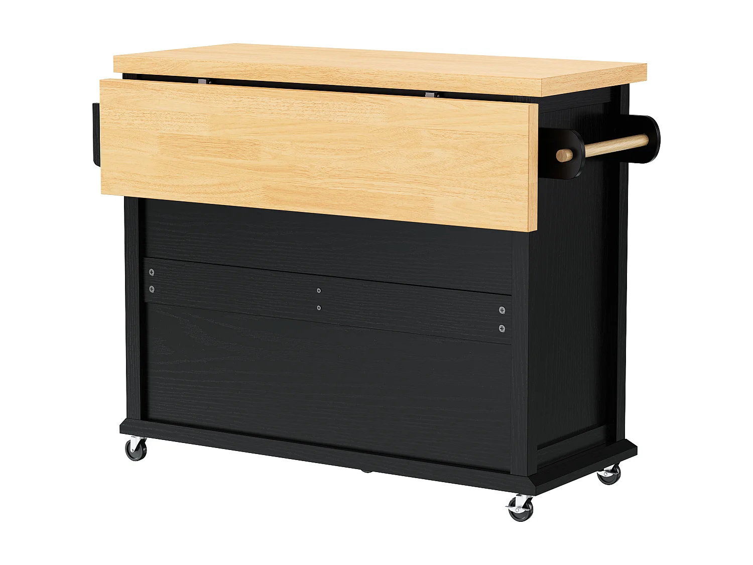 Mobiel keukeneiland 107x45x90.5cm - uitschuifbaar aanrechtblad - met 4 lades en 2 deuren - met handdoekhouder - zwart