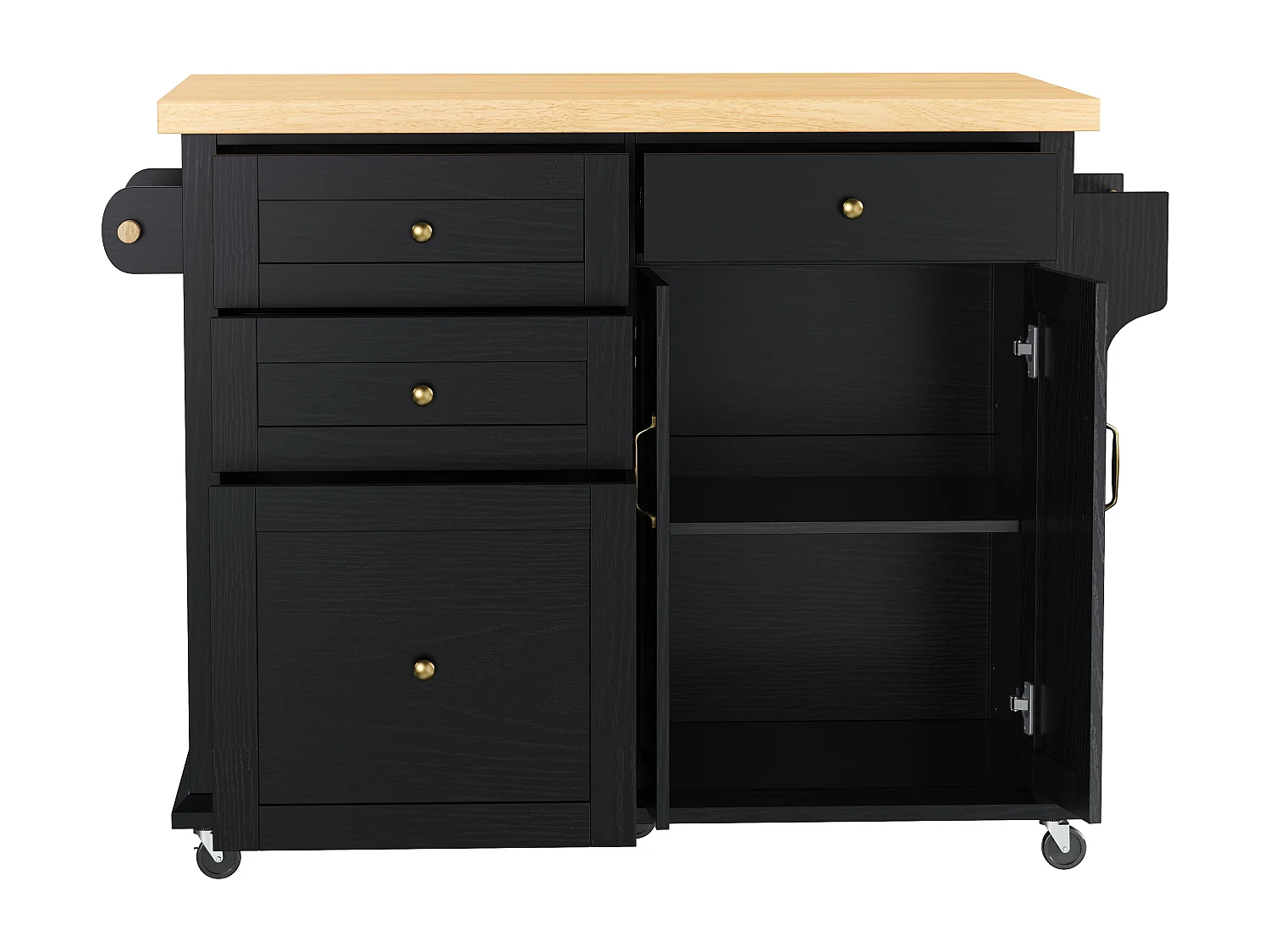 Mobiel keukeneiland 107x45x90.5cm - uitschuifbaar aanrechtblad - met 4 lades en 2 deuren - met handdoekhouder - zwart