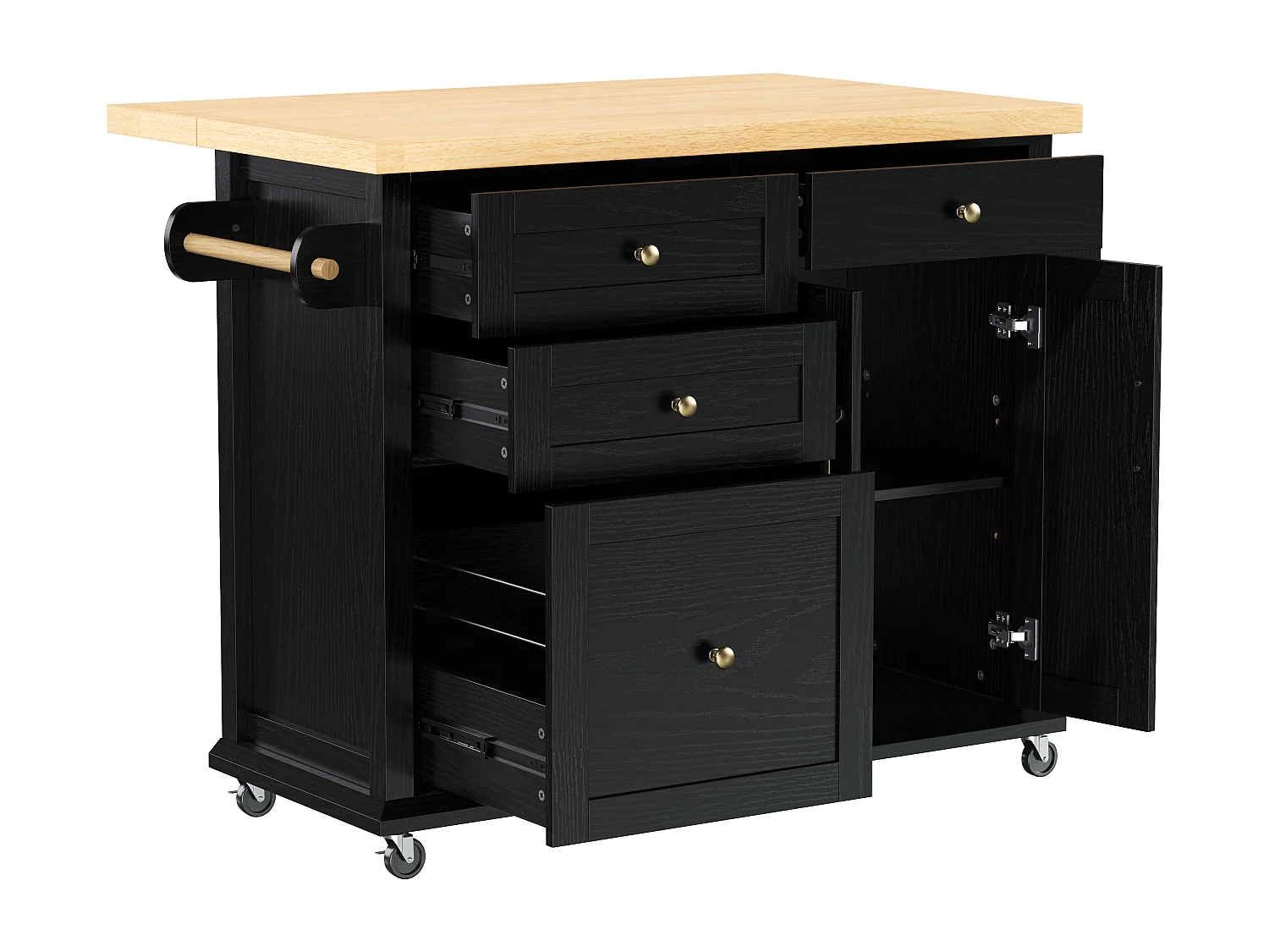 Mobiel keukeneiland 107x45x90.5cm - uitschuifbaar aanrechtblad - met 4 lades en 2 deuren - met handdoekhouder - zwart