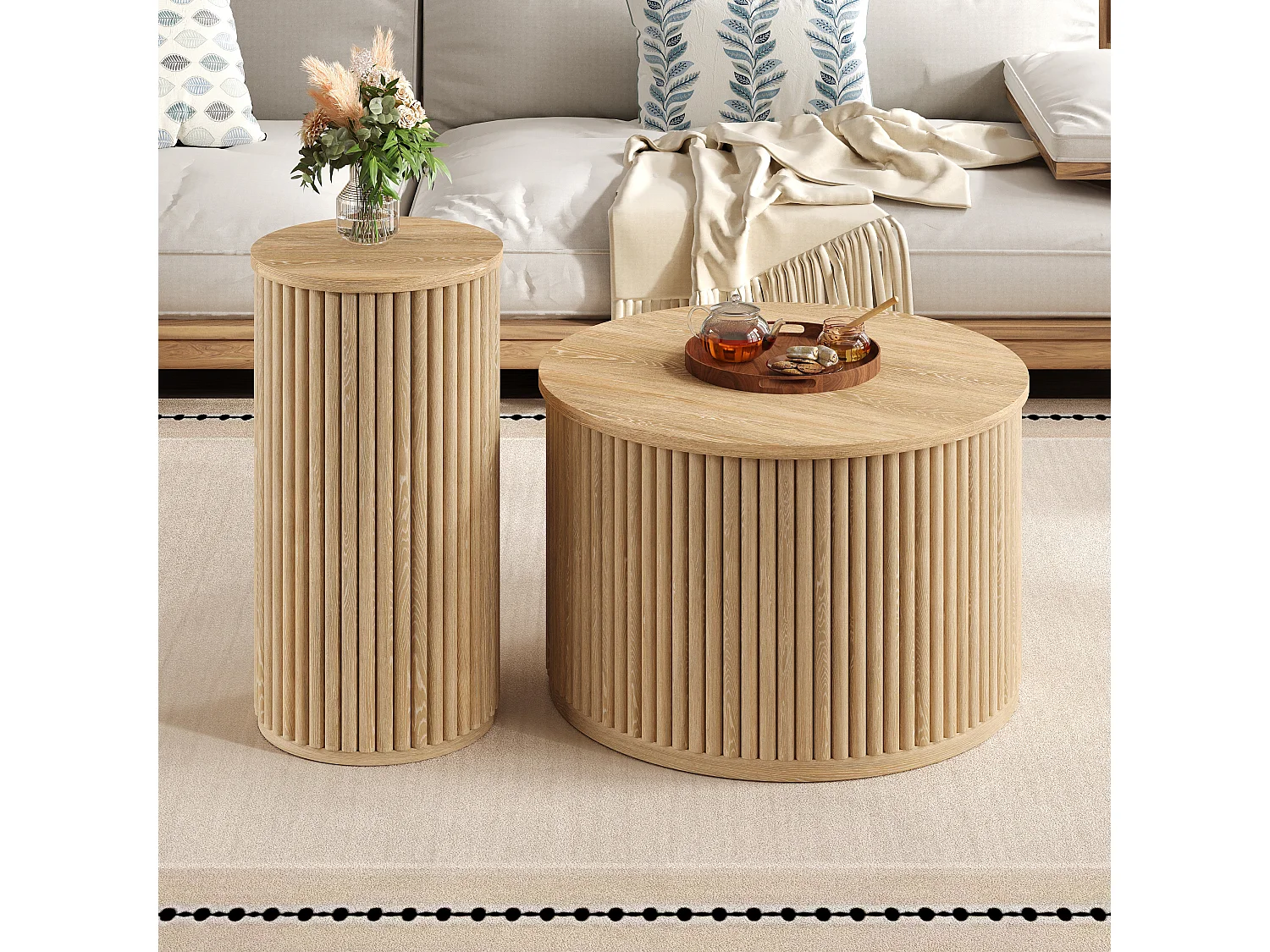 Salontafel set - Ronde plaat - Verticale strepen motief - MDF - Natuur