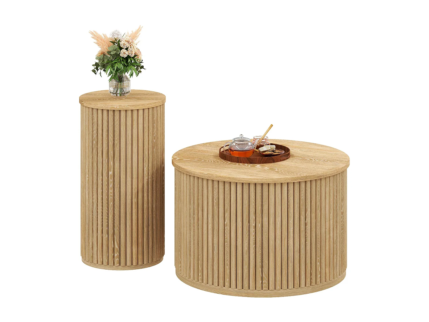 Salontafel set - Ronde plaat - Verticale strepen motief - MDF - Natuur