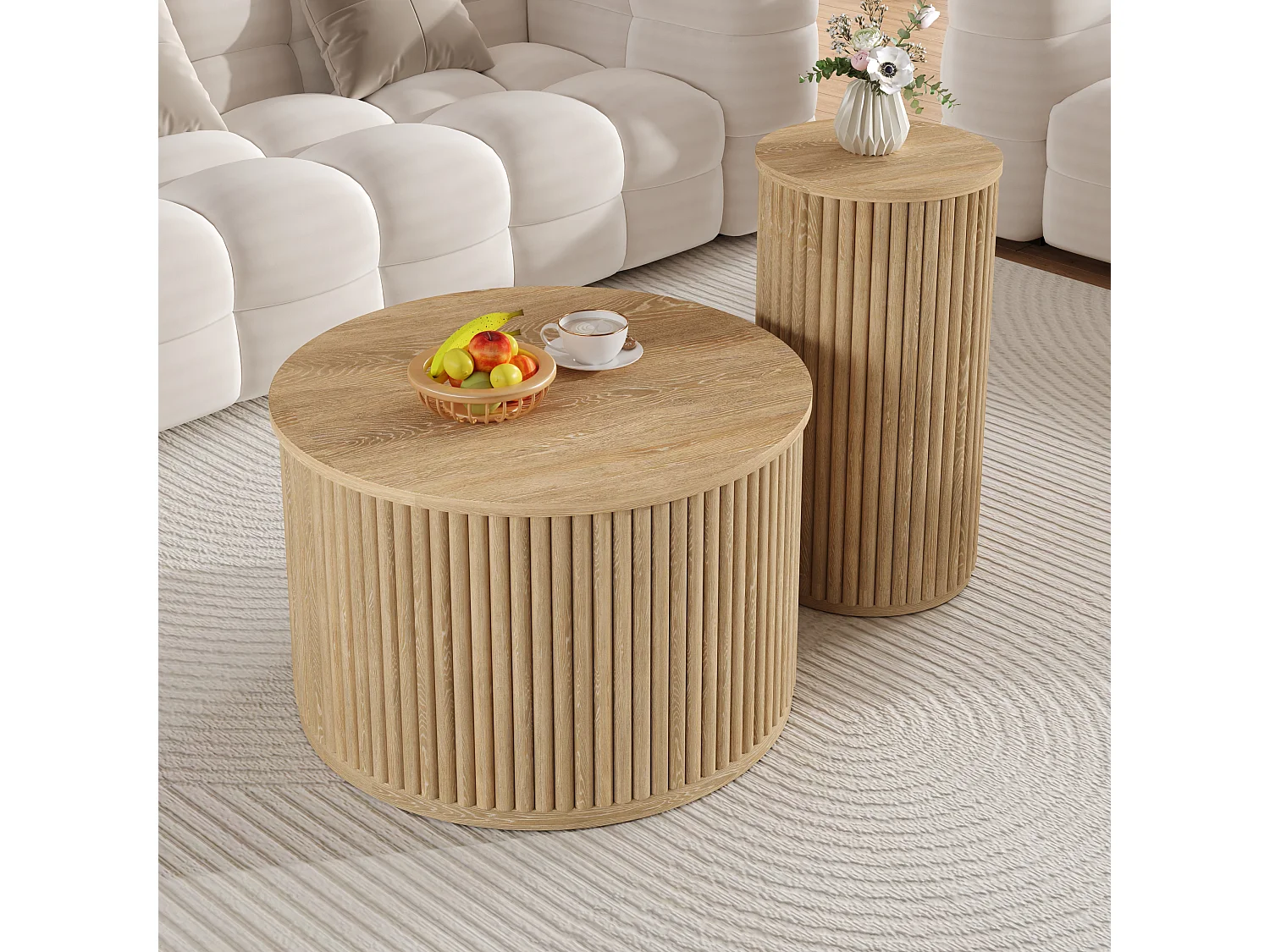 Ensemble table basse - Plateau rond - Motif à rayures verticales - MDF - Naturel