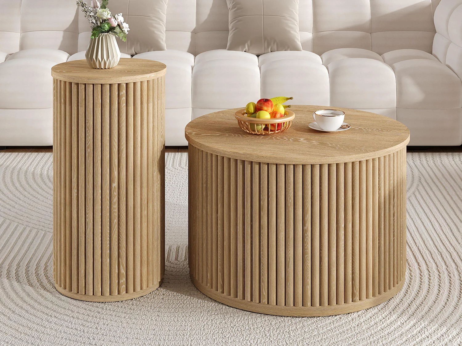 Ensemble table basse - Plateau rond - Motif à rayures verticales - MDF - Naturel