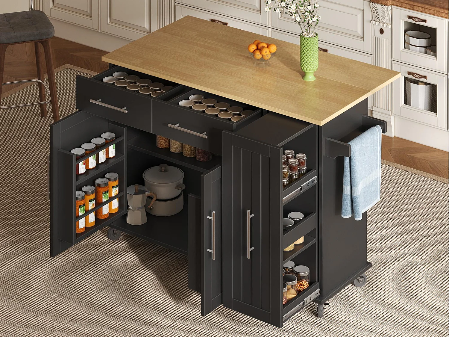 Ilot central de cuisine mobile - plateau extensible - 2 tiroirs et 2 portes - avec porte-serviettes - MDF - Noir