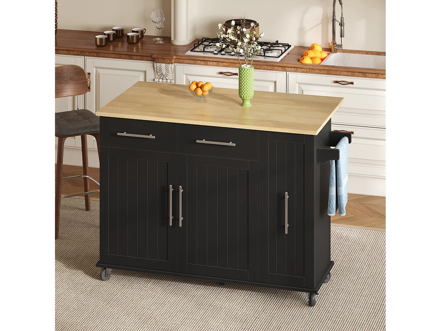 Ilot central de cuisine mobile - plateau extensible - 2 tiroirs et 2 portes - avec porte-serviettes - MDF - Noir