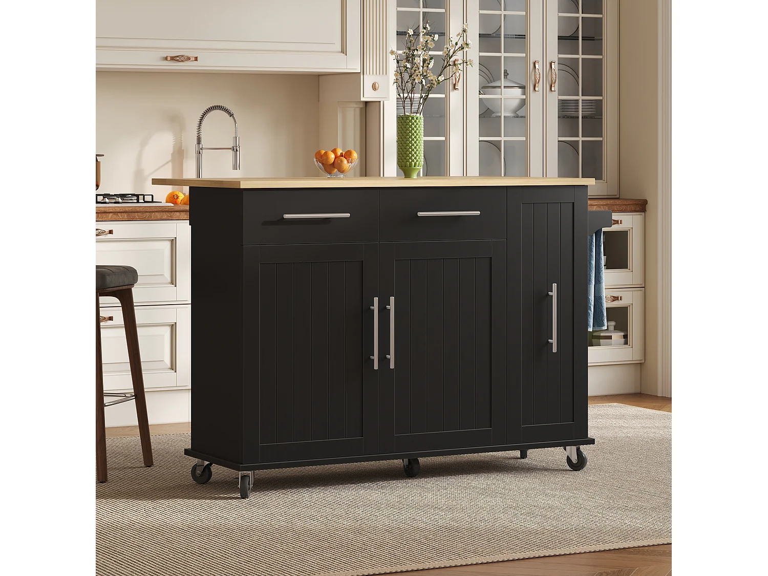 Ilot central de cuisine mobile - plateau extensible - 2 tiroirs et 2 portes - avec porte-serviettes - MDF - Noir