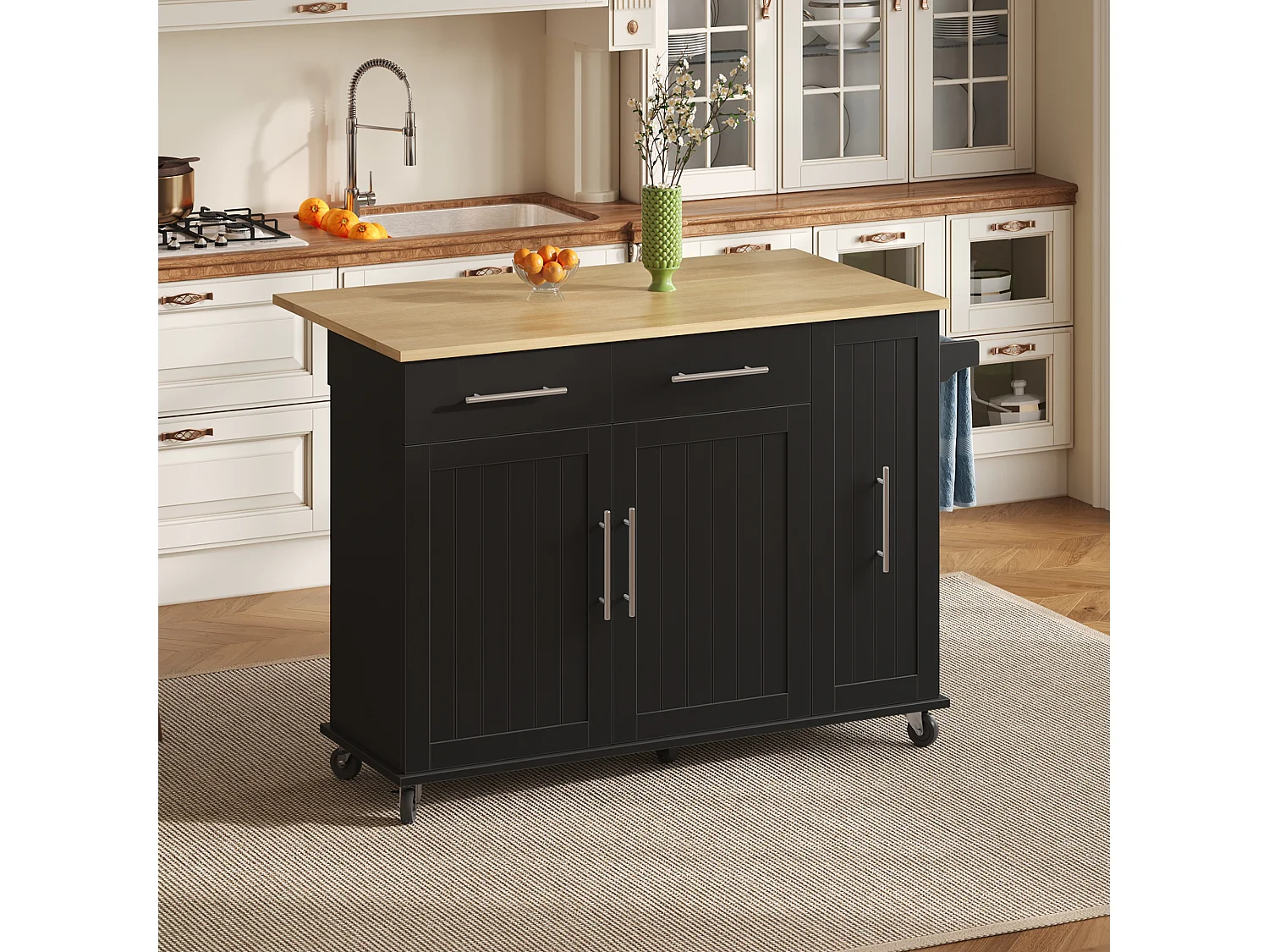 Ilot central de cuisine mobile - plateau extensible - 2 tiroirs et 2 portes - avec porte-serviettes - MDF - Noir