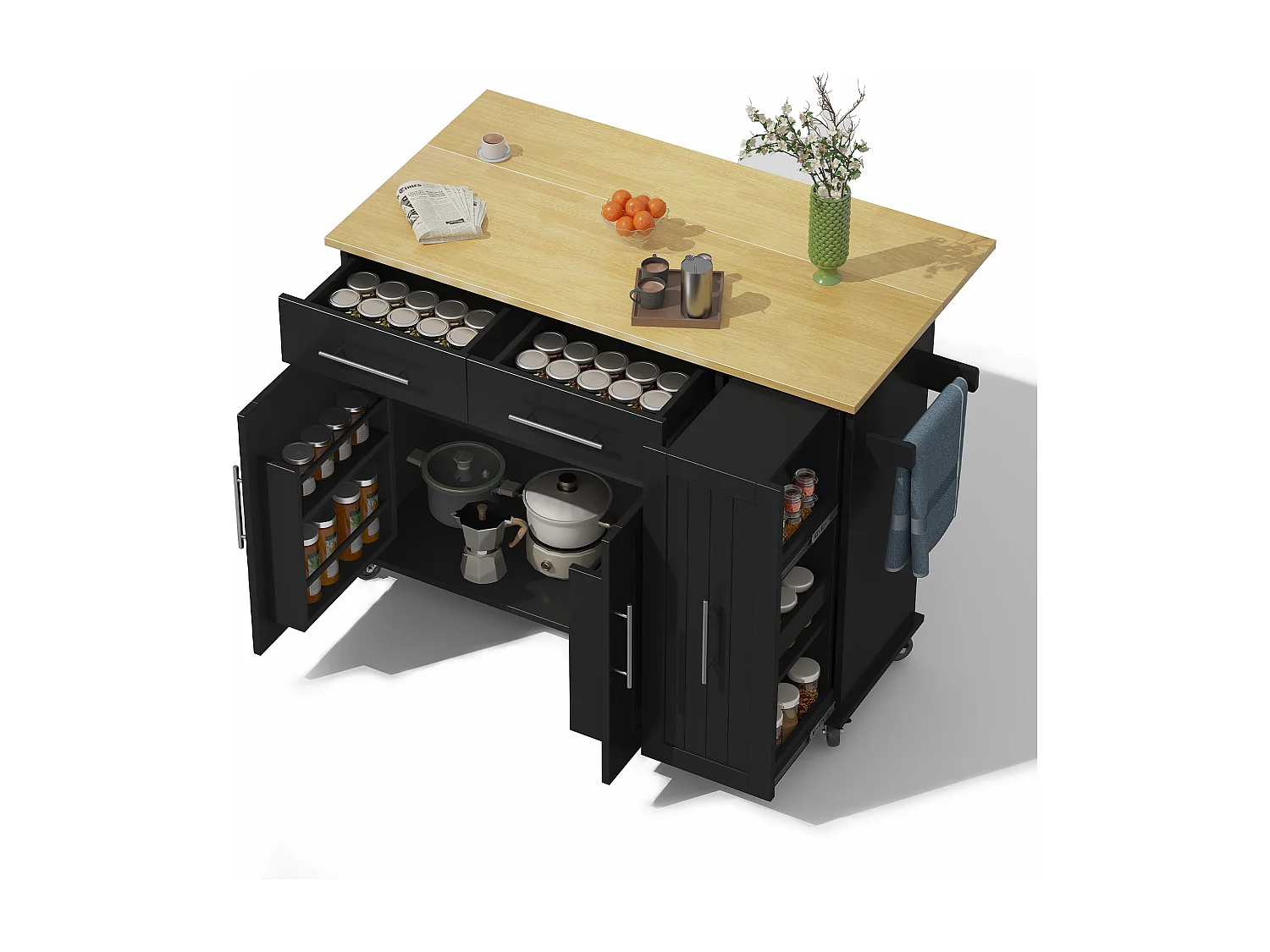 Ilot central de cuisine mobile - plateau extensible - 2 tiroirs et 2 portes - avec porte-serviettes - MDF - Noir