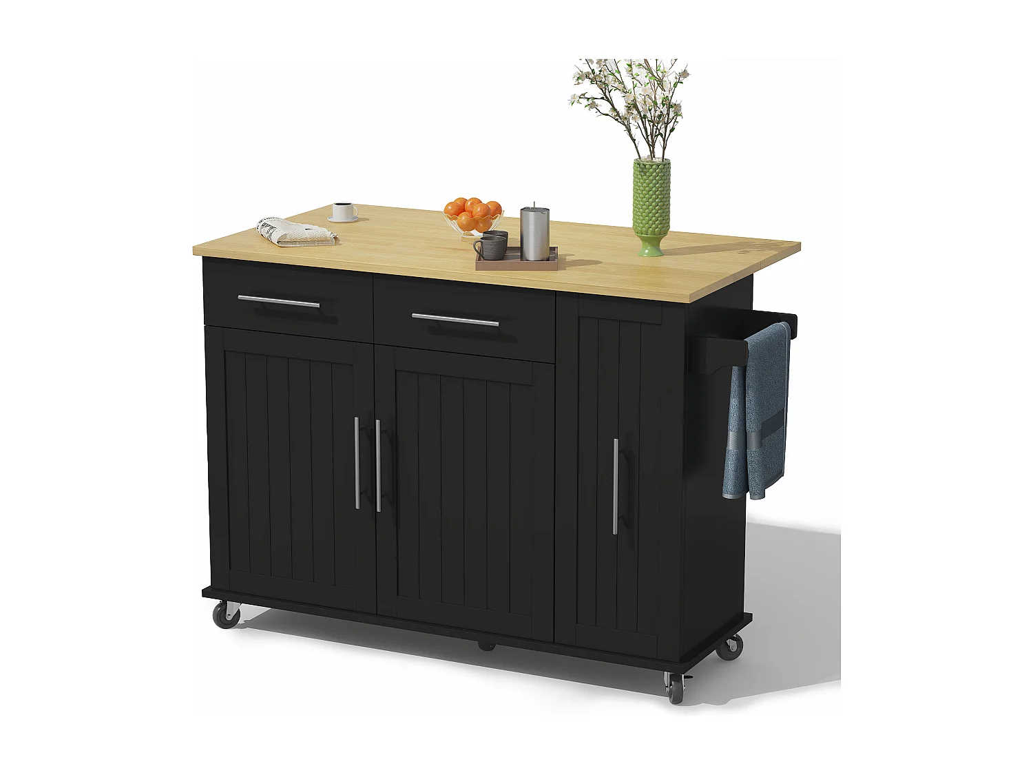 Isola centrale cucina mobile - piano di lavoro estensibile - 2 cassetti e 2 ante - con portasciugamani - MDF - Nero