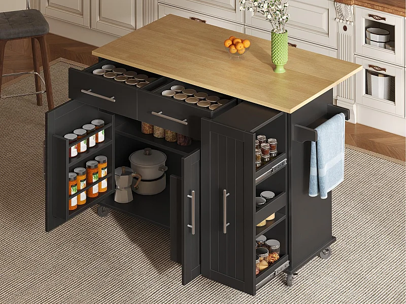 Mobile Kücheninsel - ausziehbare Arbeitsplatte - 2 Schubladen und 2 Türen - mit Handtuchhalter - MDF - Schwarz