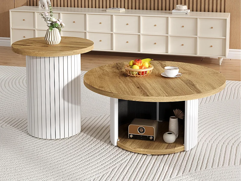 Salontafel set - Ronde plaat - met opbergvakken - MDF - Natuur