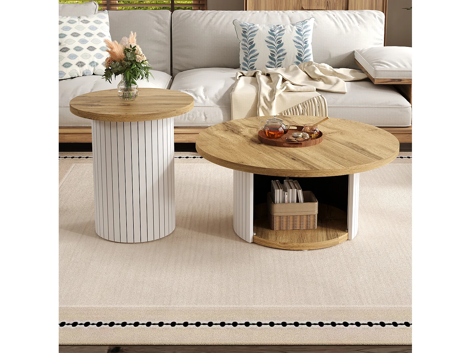 Salontafel set - Ronde plaat - met opbergvakken - MDF - Natuur