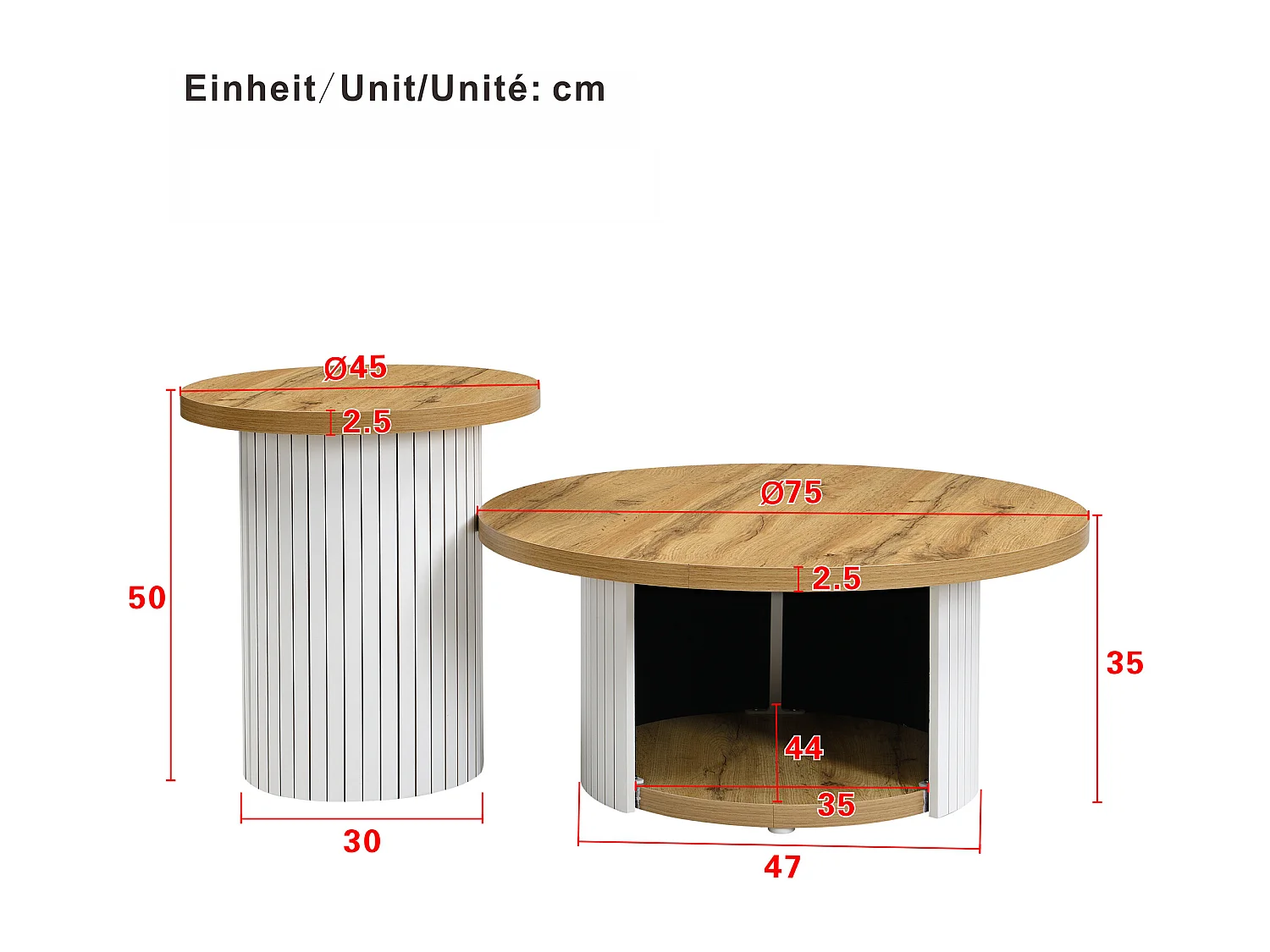 Ensemble de table basse - Plateau rond - avec compartiments de rangement - MDF - Naturel