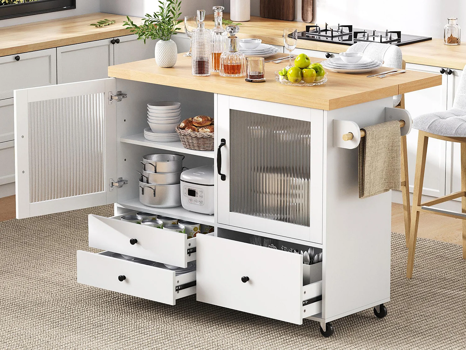 Isla de cocina móvil 100x42x91.5cm - encimera extensible - espacio de almacenamiento multifuncional - blanco