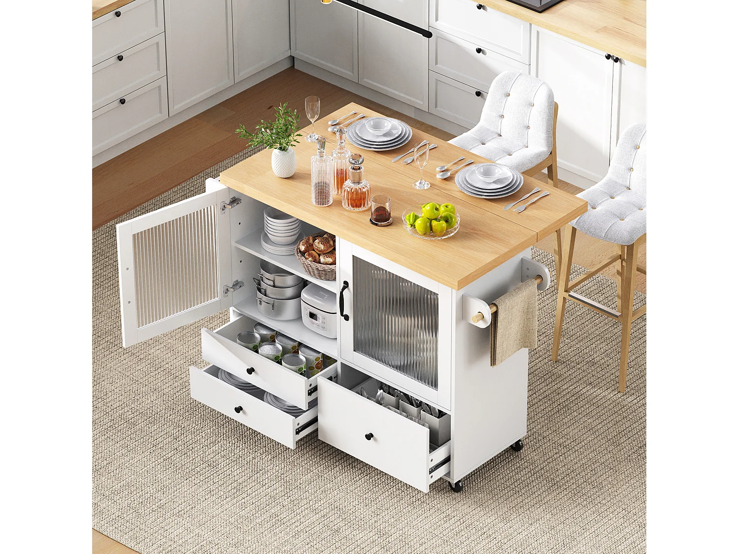 Isla de cocina móvil 100x42x91.5cm - encimera extensible - espacio de almacenamiento multifuncional - blanco