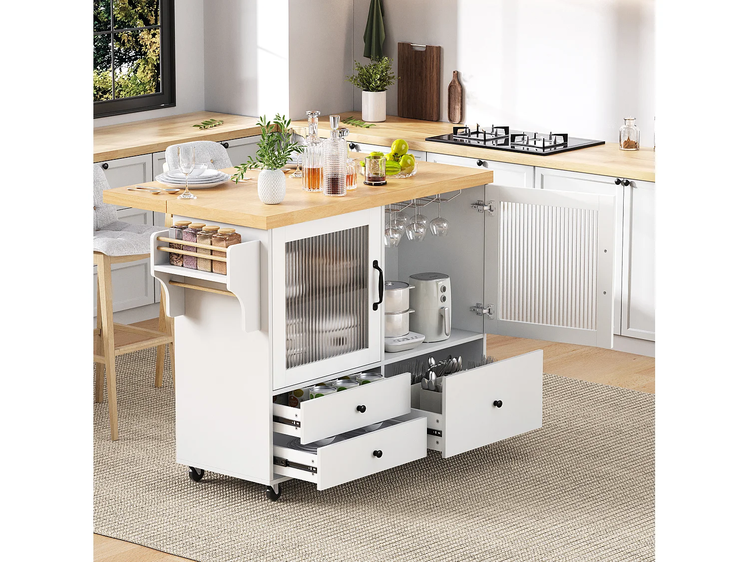 Isla de cocina móvil 100x42x91.5cm - encimera extensible - espacio de almacenamiento multifuncional - blanco