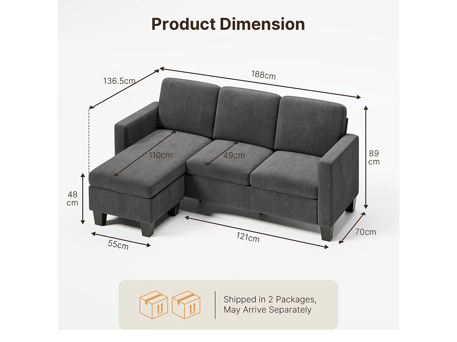 Canapé D’angle 3 Places Canapé modulable Velours Côtelé Gris foncé
