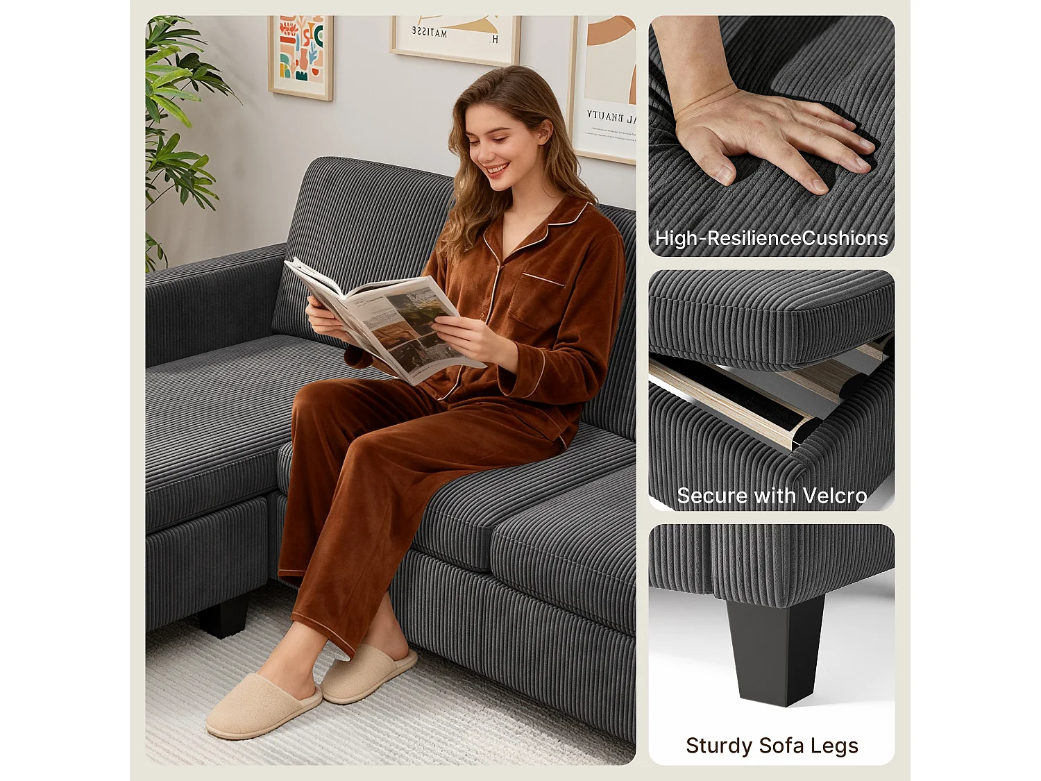 Canapé D’angle 3 Places Canapé modulable Velours Côtelé Gris foncé