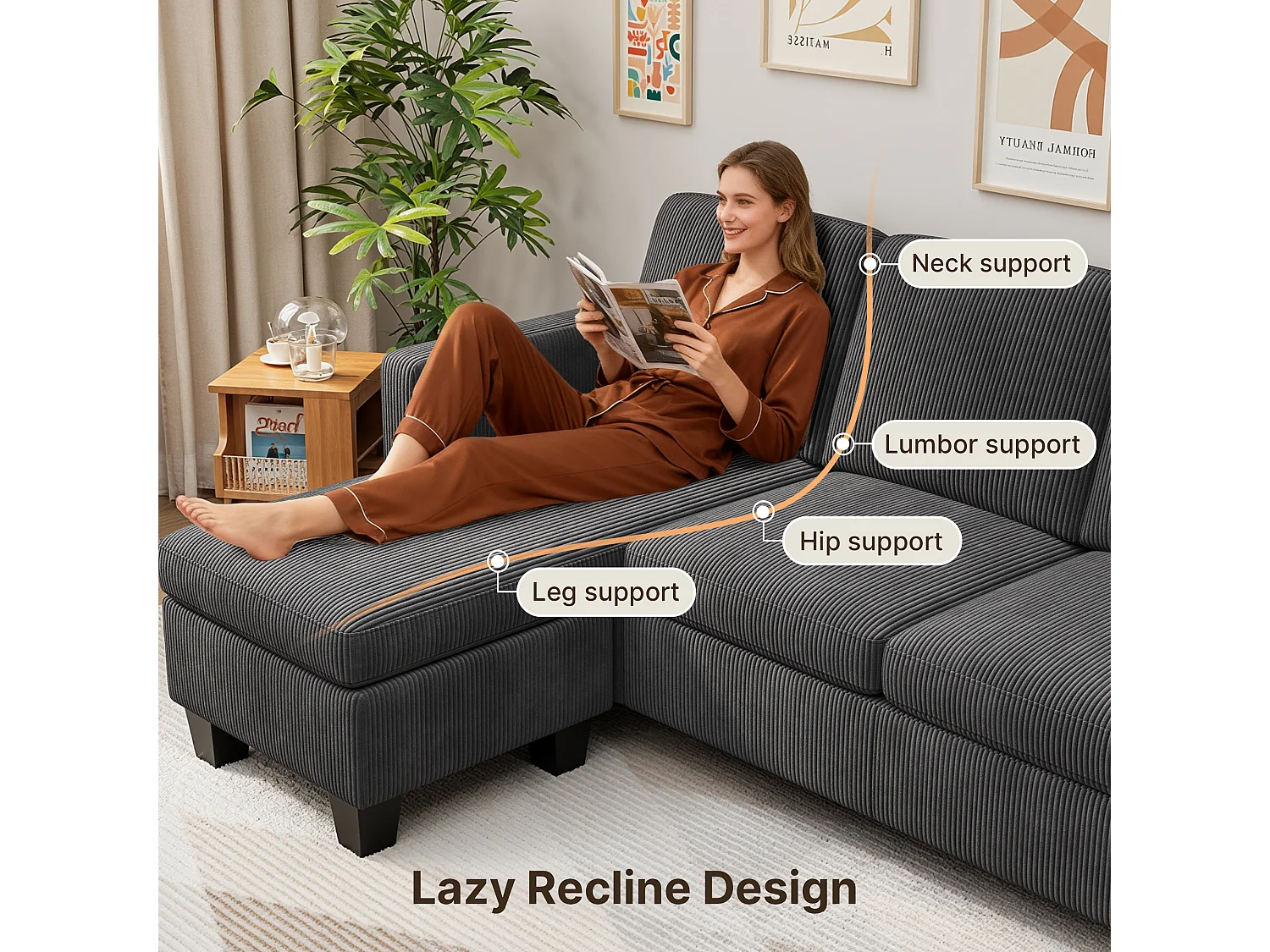 Canapé D’angle 3 Places Canapé modulable Velours Côtelé Gris foncé