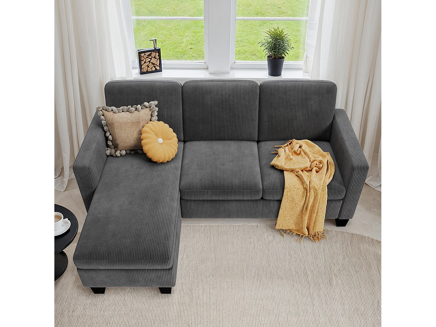 Canapé D’angle 3 Places Canapé modulable Velours Côtelé Gris foncé