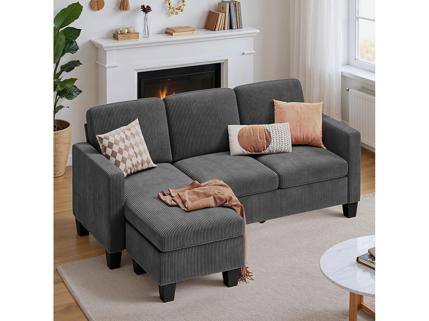 Canapé D’angle 3 Places Canapé modulable Velours Côtelé Gris foncé