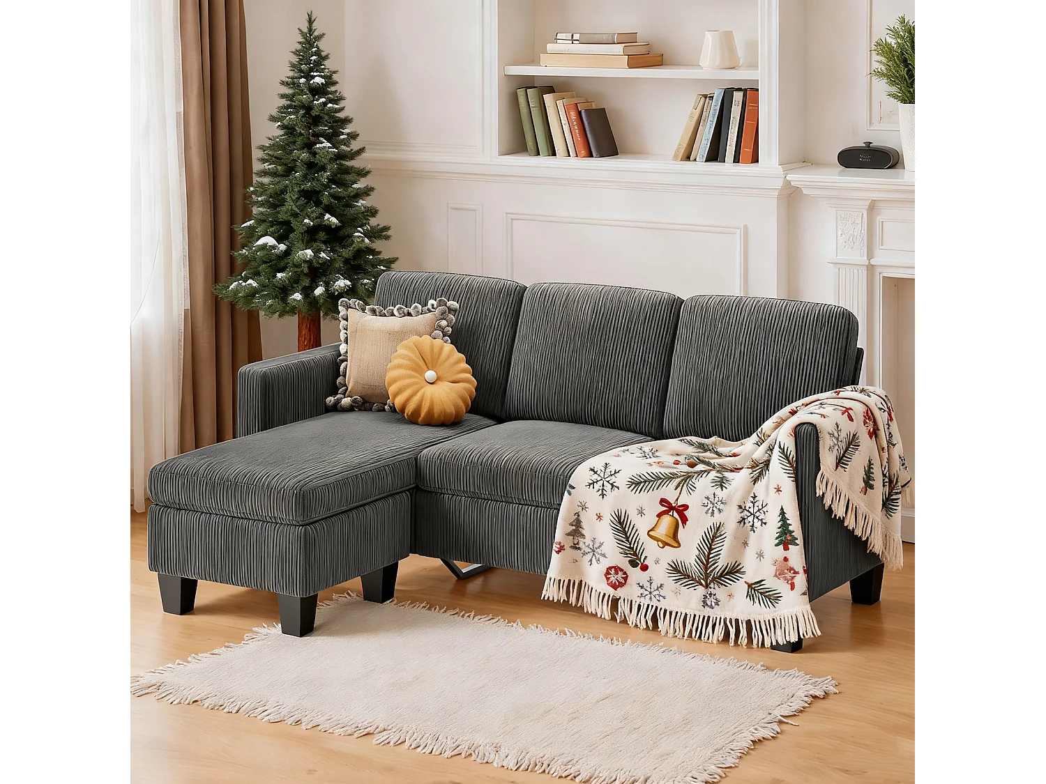 Canapé D’angle 3 Places Canapé modulable Velours Côtelé Gris foncé