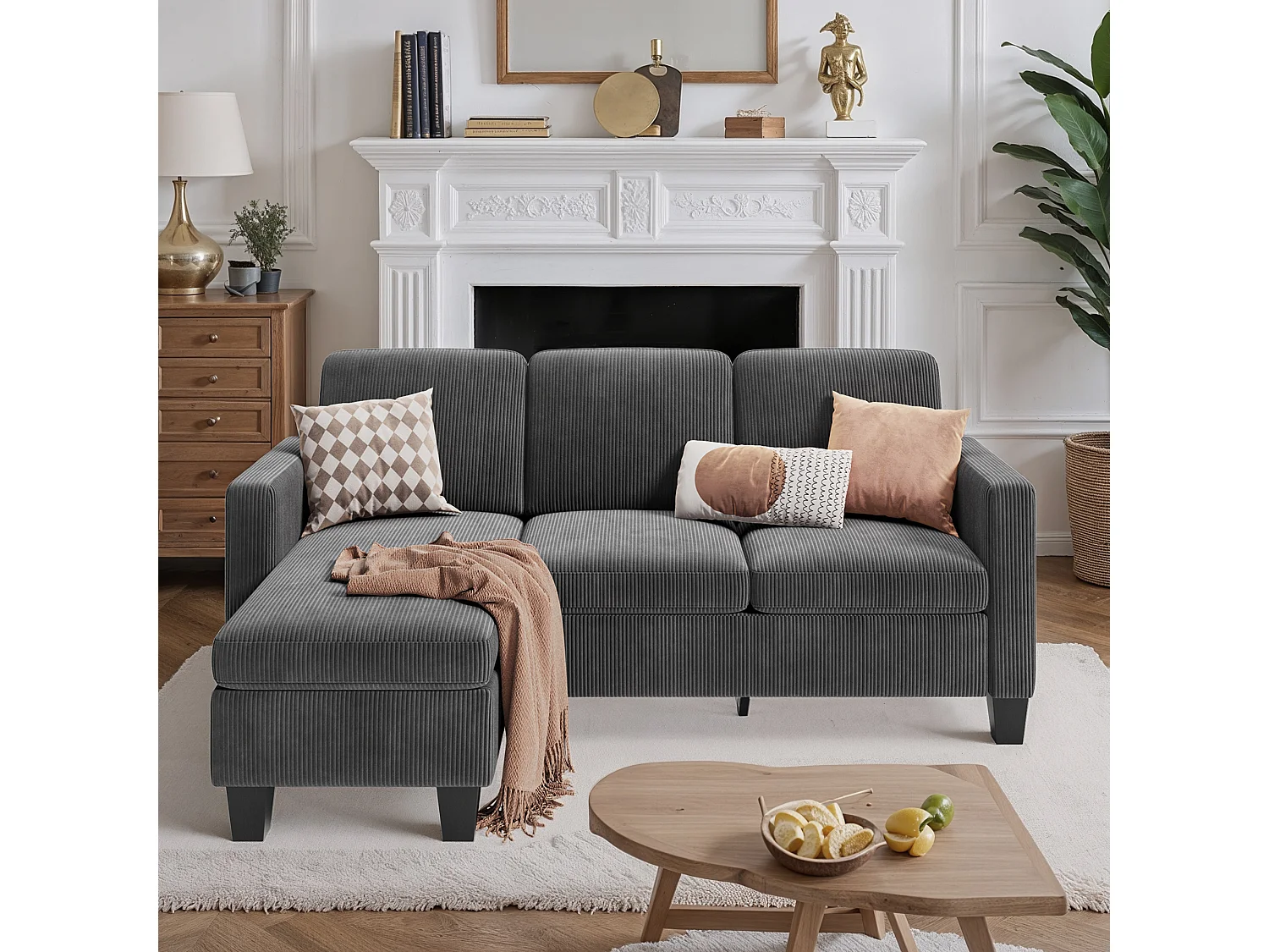 Canapé D’angle 3 Places Canapé modulable Velours Côtelé Gris foncé