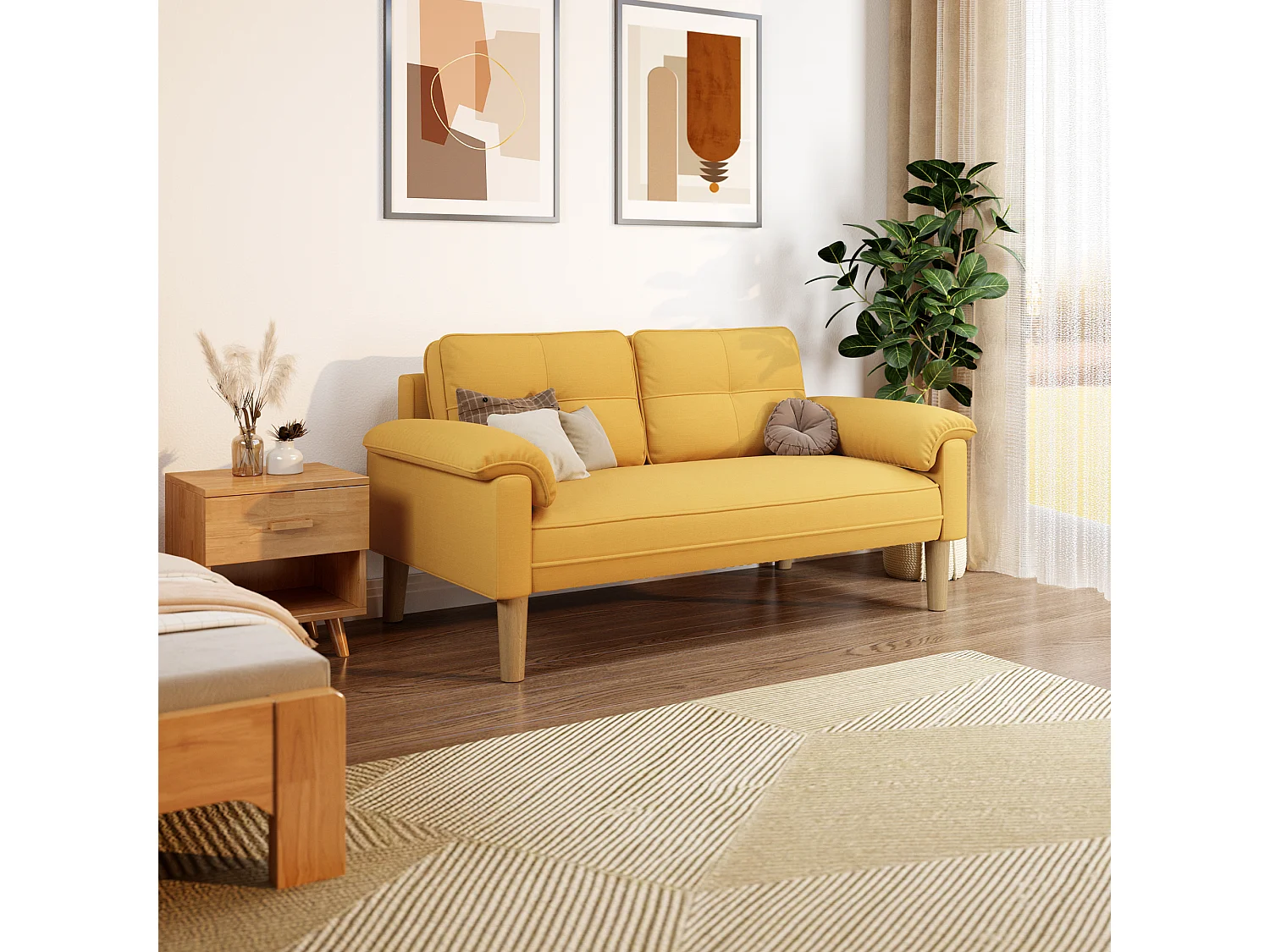 Canapé 2 Places Relax Tissu Jaune，145 x 77 x 77 cm