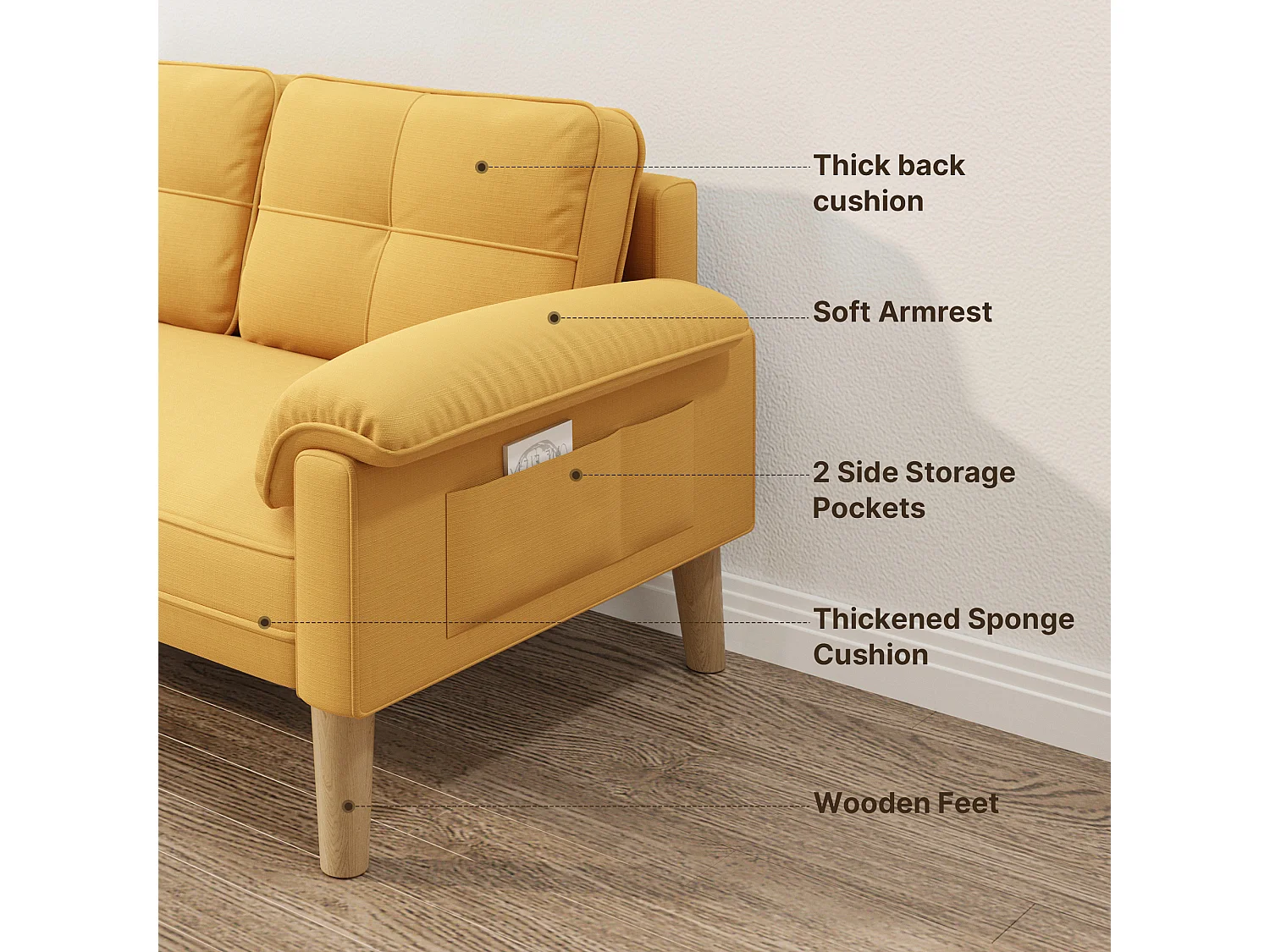 Canapé 2 Places Relax Tissu Jaune，145 x 77 x 77 cm