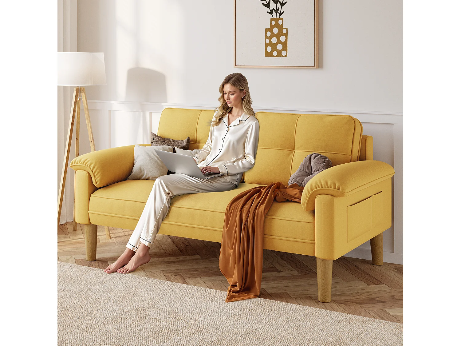 Canapé 2 Places Relax Tissu Jaune，145 x 77 x 77 cm