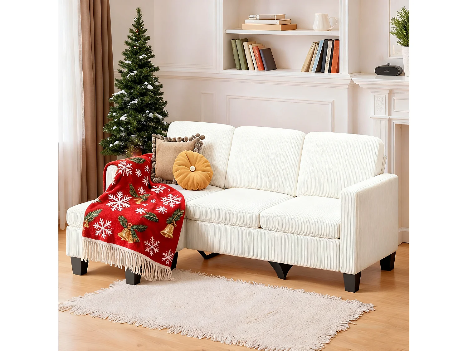 Canapé D’angle 3 Places Canapé modulable Velours Côtelé Beige