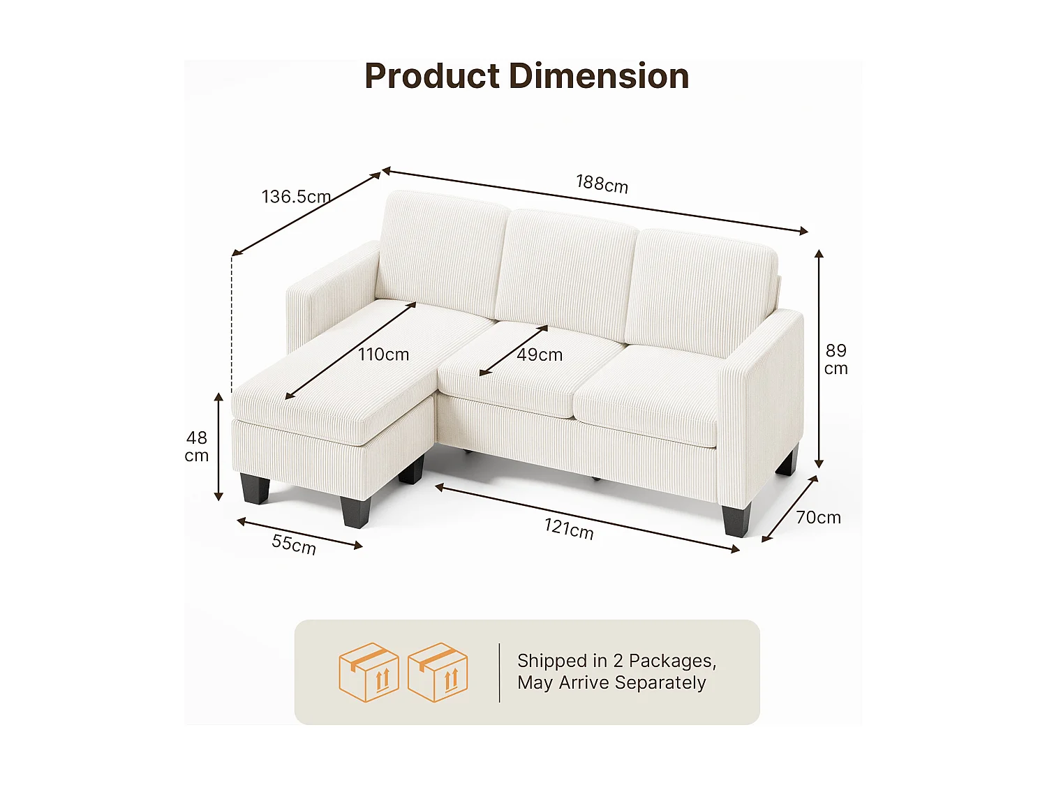 Canapé D’angle 3 Places Canapé modulable Velours Côtelé Beige