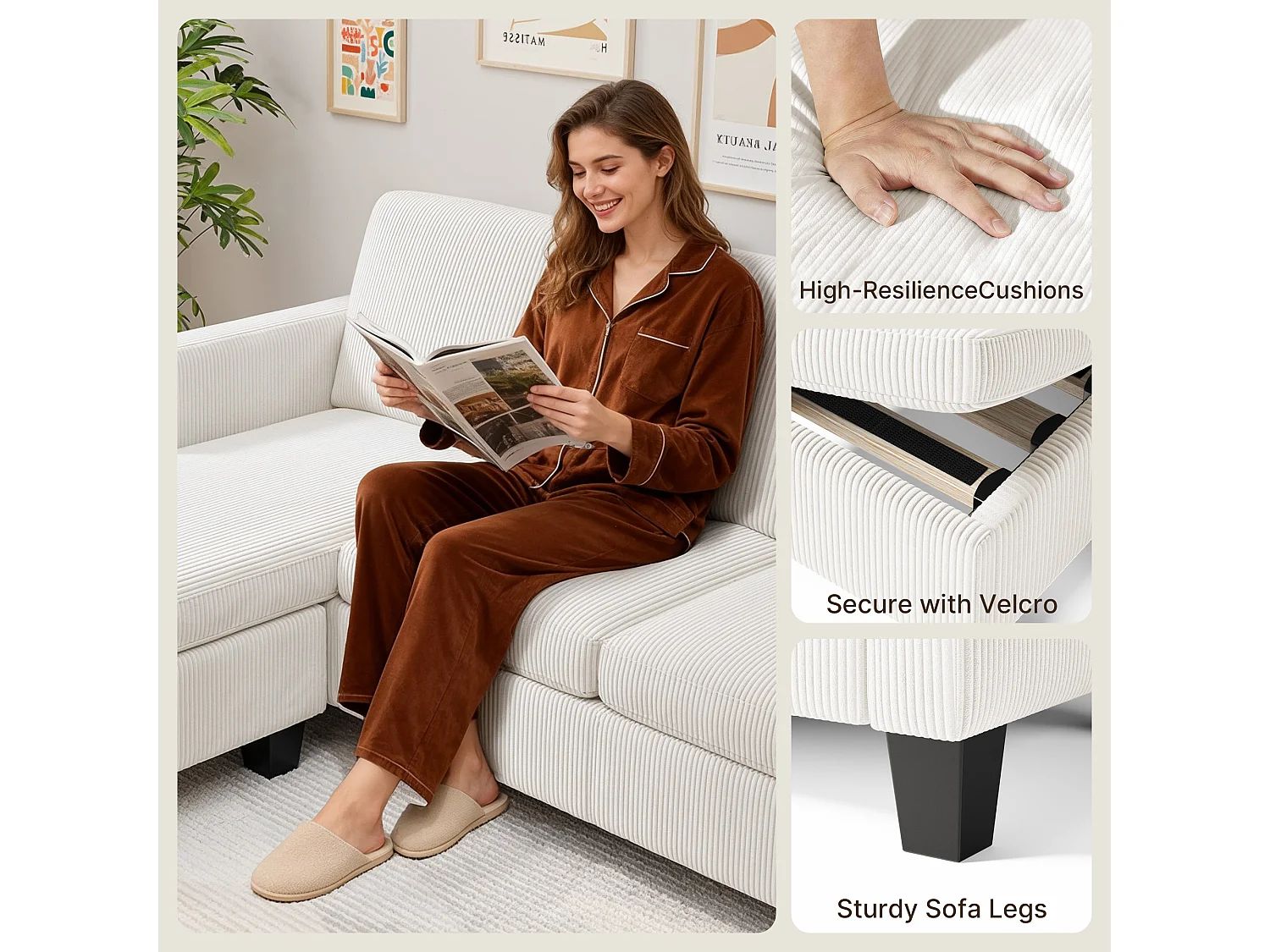 Canapé D’angle 3 Places Canapé modulable Velours Côtelé Beige