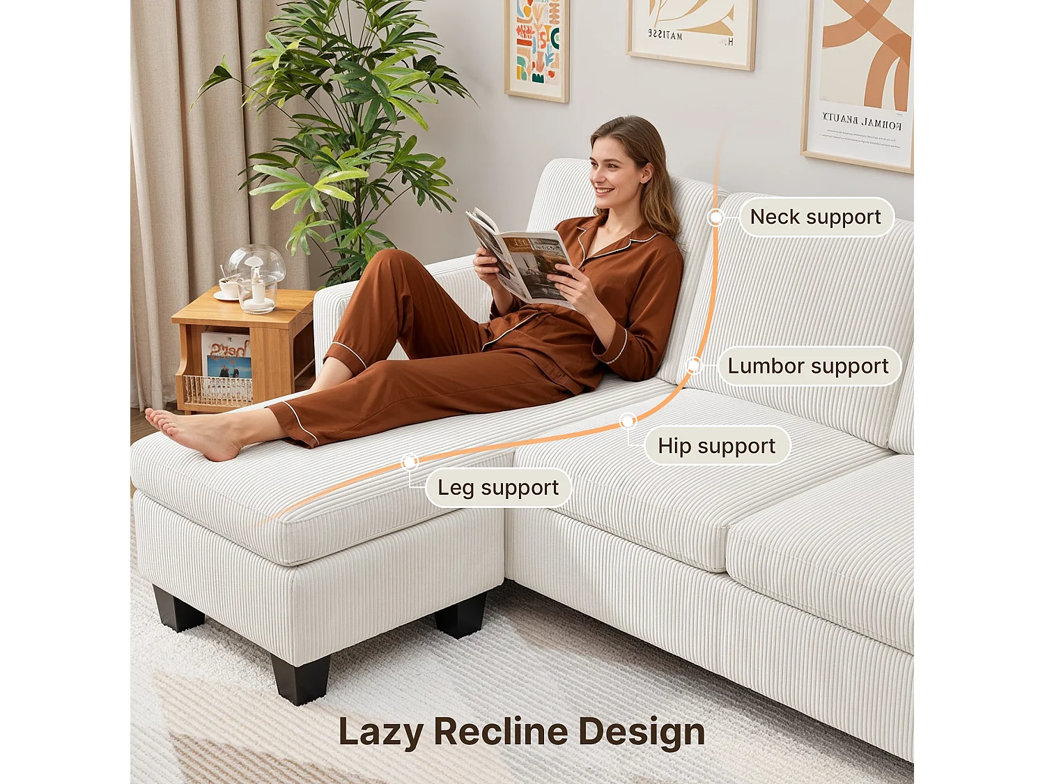 Canapé D’angle 3 Places Canapé modulable Velours Côtelé Beige