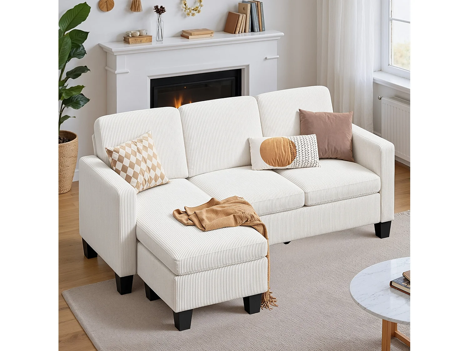 Canapé D’angle 3 Places Canapé modulable Velours Côtelé Beige