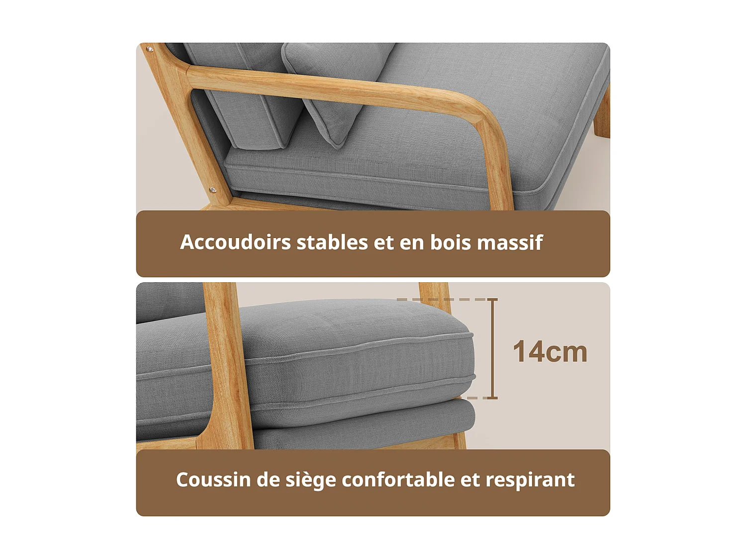 Bealife Fauteuil Tissu en Lin 65 x 82 x 75 cm Gris