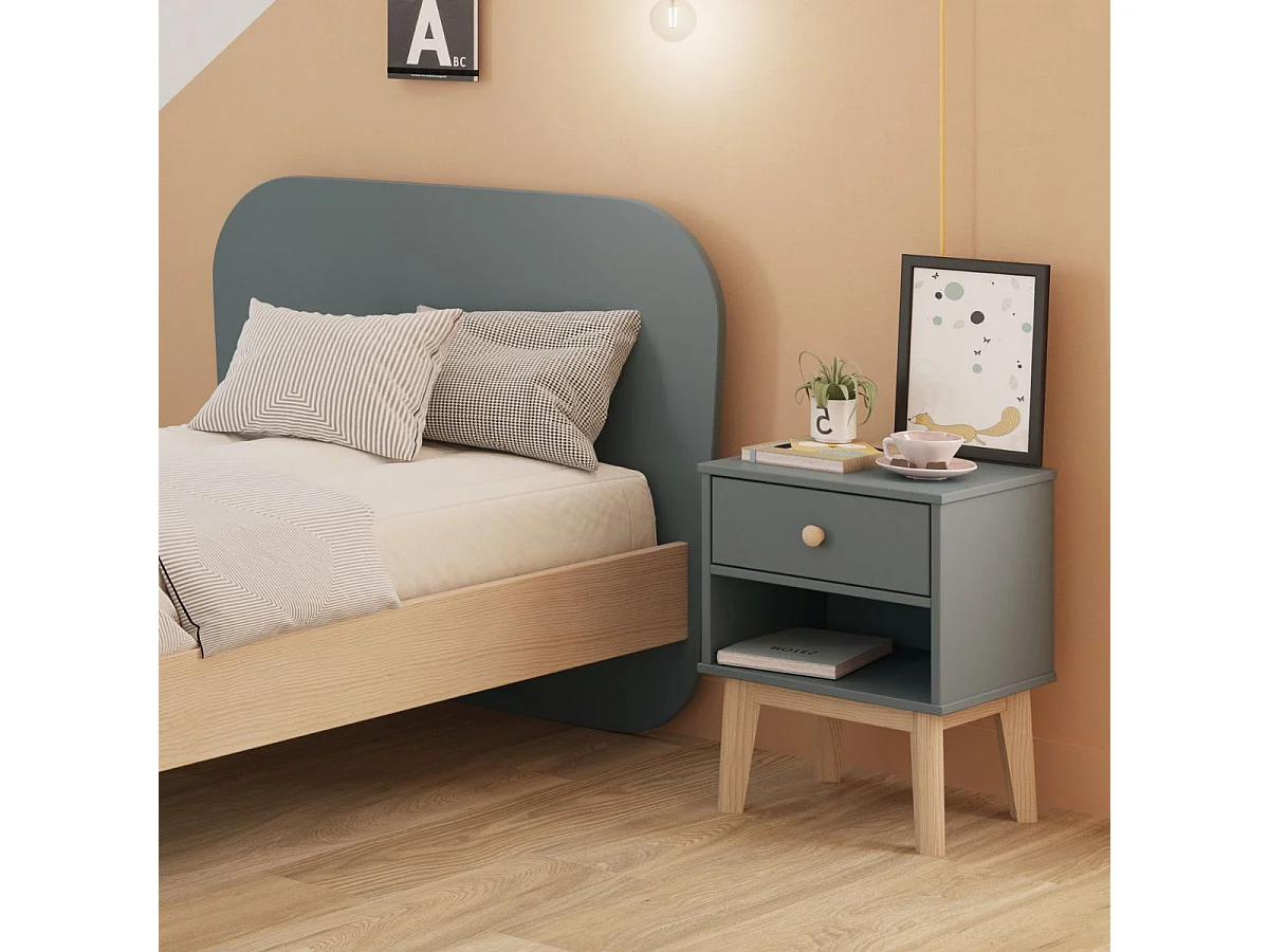 Chevet 1 tiroir et 1 niche en pin massif et MDF laqué vert kaki et naturel - KAINA