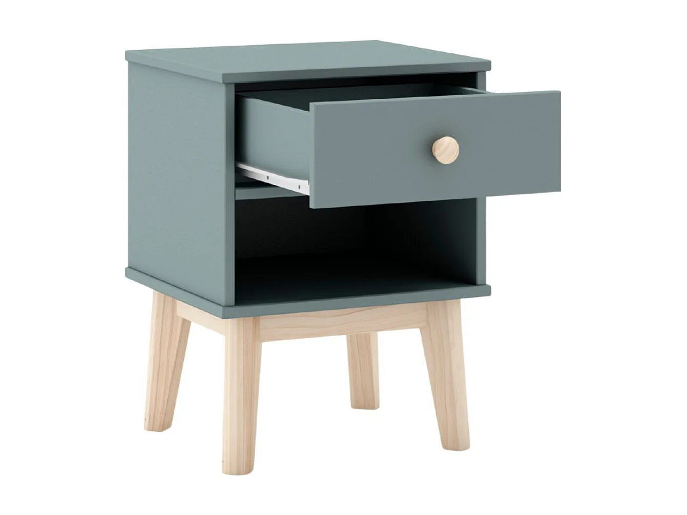 Chevet 1 tiroir et 1 niche en pin massif et MDF laqué vert kaki et naturel - KAINA